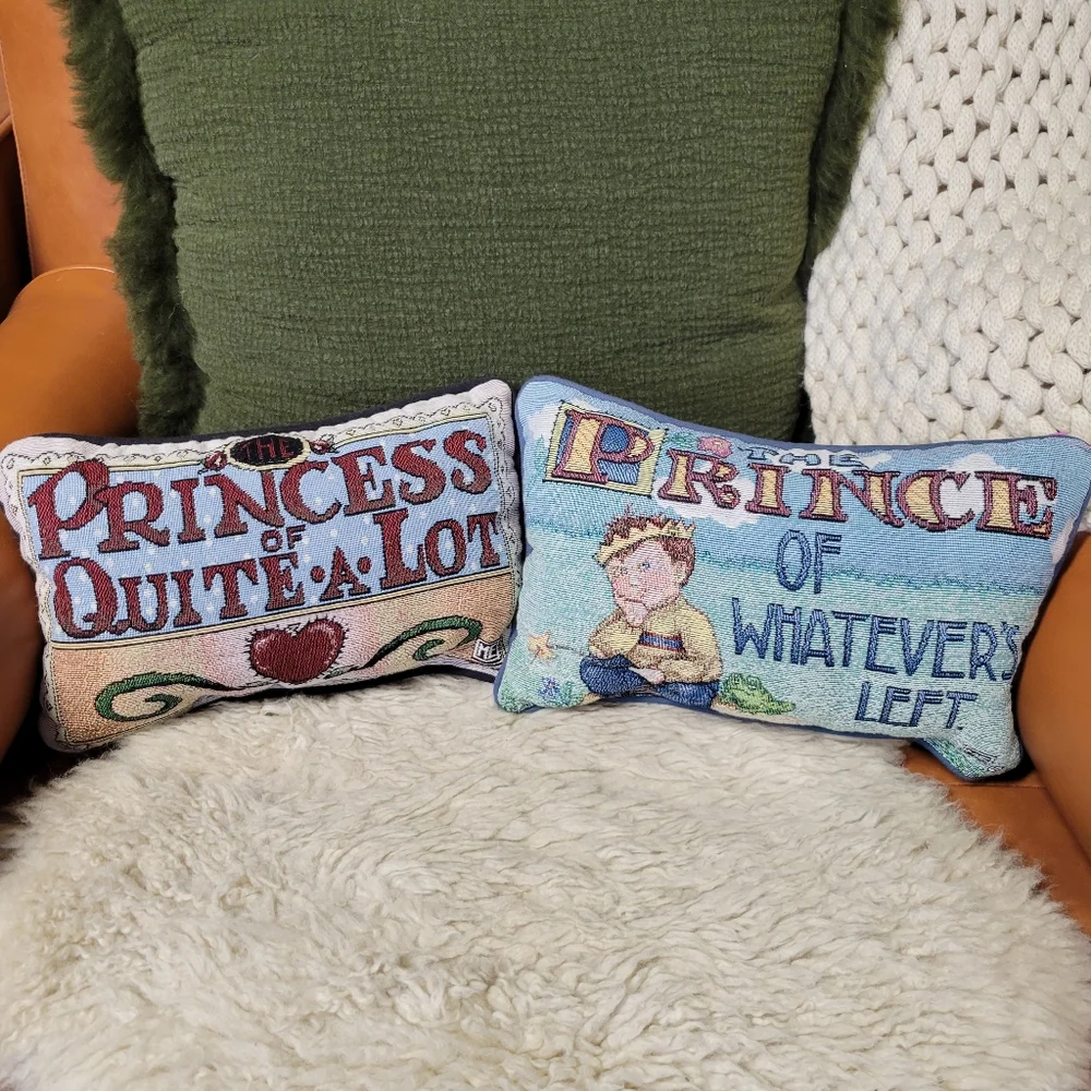 Vintage Mary Engelbreit Princess Prince Tapestry Throw Pillows Needlepoint